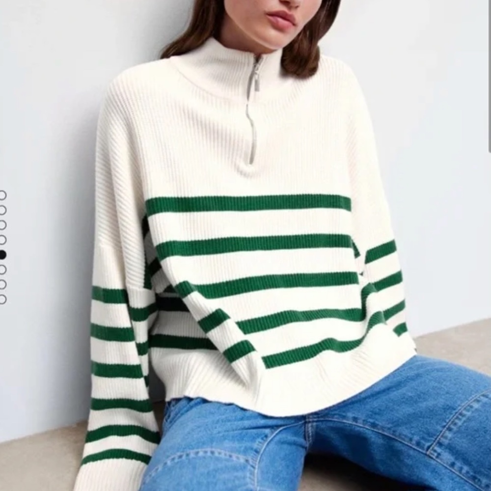 Mango Striped Sweater with zip - White/Green XXL